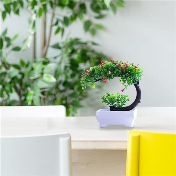 Artificial BonsaiTree Faux Potted Plant with White Pot-Mini-8Inch Tall(Rose Red) - Picture 4 of 7